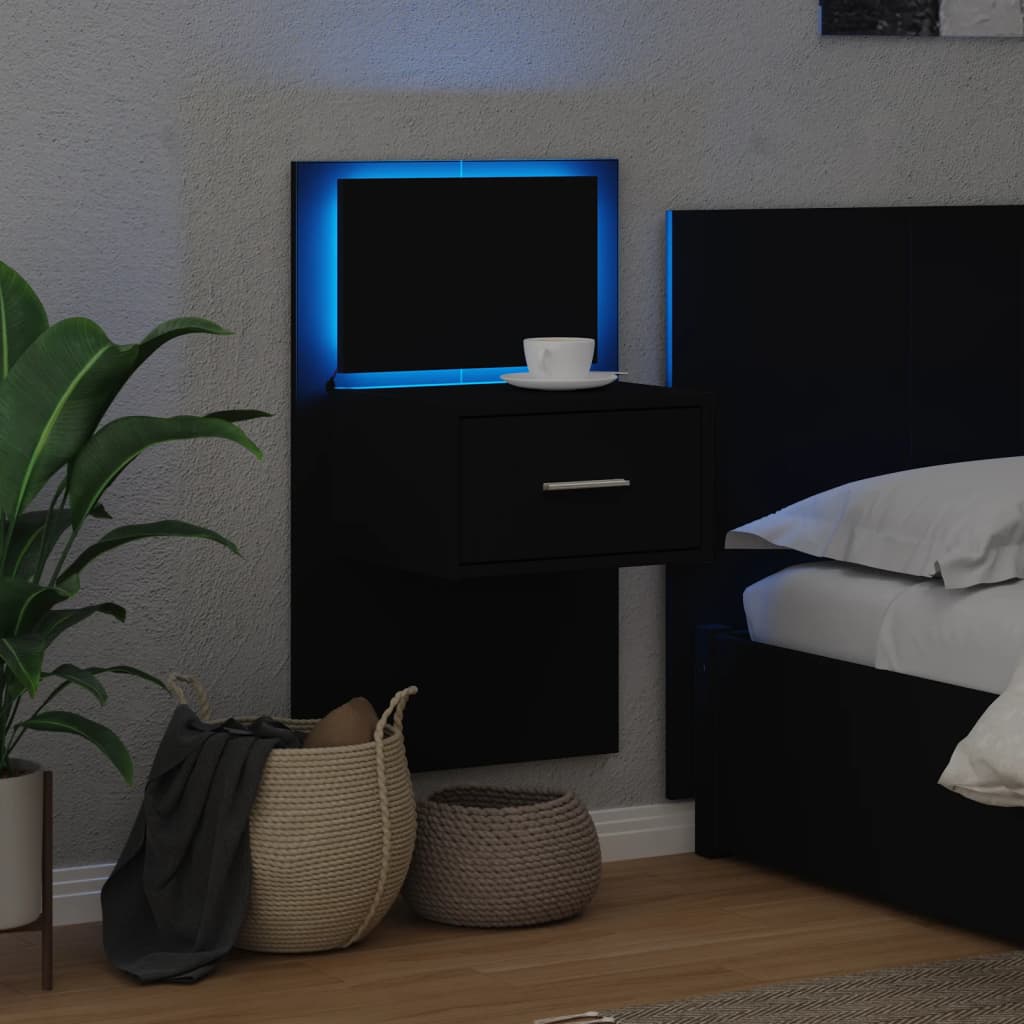 Wall-mounted nightstand with LED, black