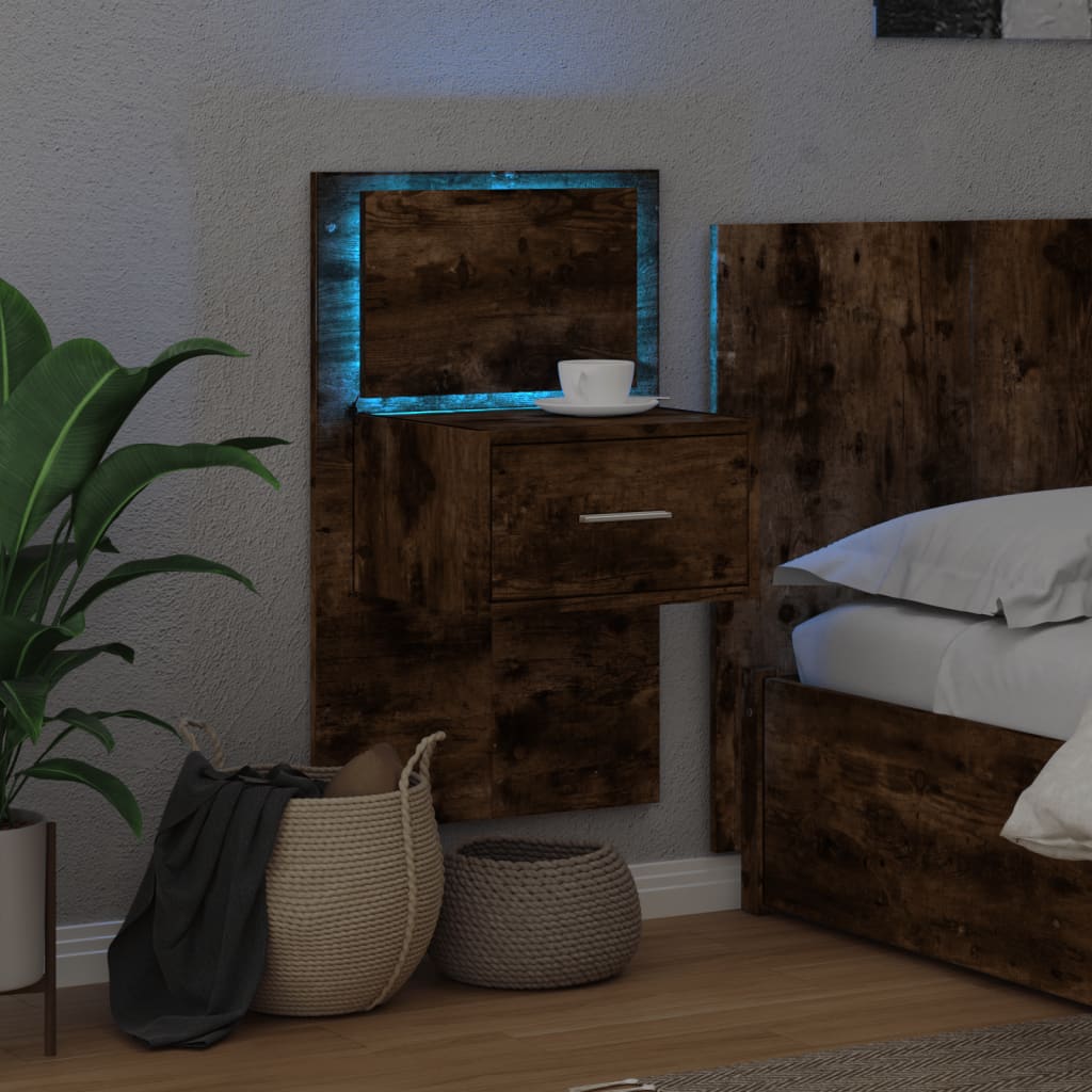 Wall-mounted nightstand with LED, smoked oak