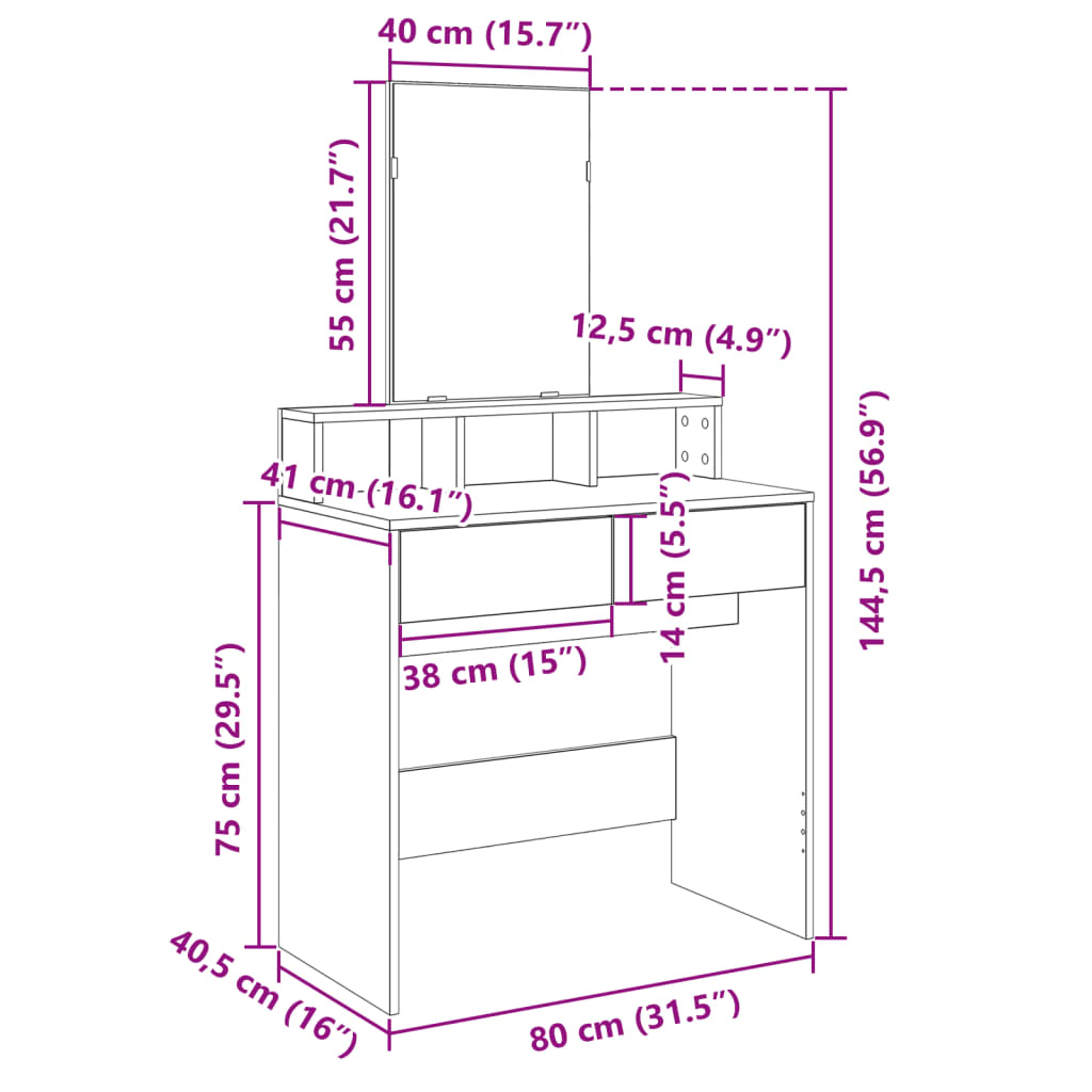 Dressing table with mirror, concrete, 80x41x144.5cm