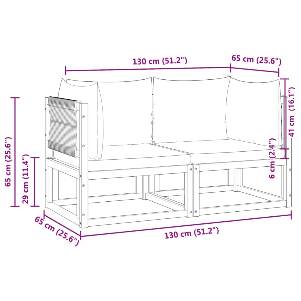 Corner Garden Sofas with Cushions, 2 pcs, Acacia Wood and Rope