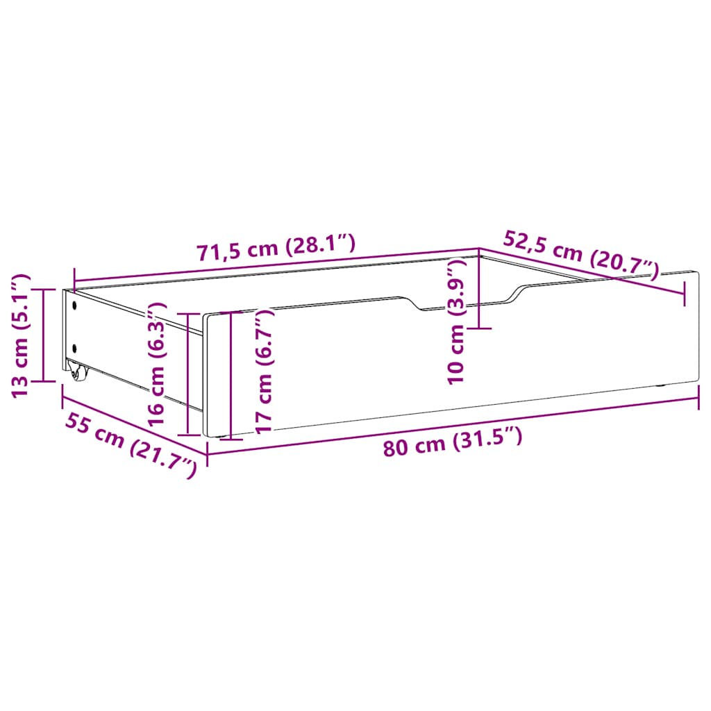 Drawers under the bed, 2 pcs., white, 80x55x17cm, solid pine