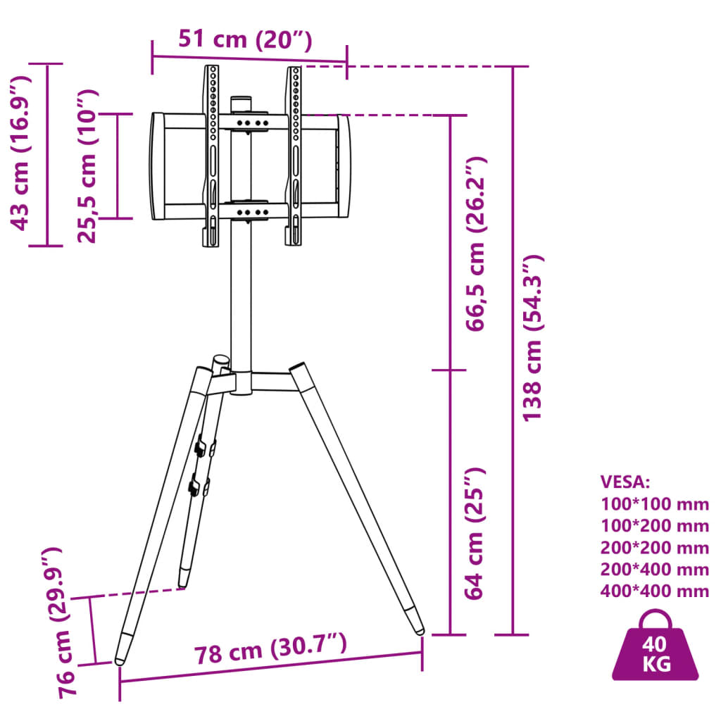 TV tripod stand for 37-65 inch screen, 400x400mm, 40 kg