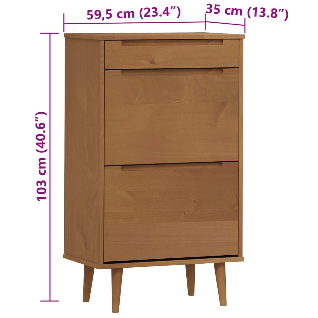 Shoe cabinet MOLDE, brown, 59.5x35x103cm, solid pine