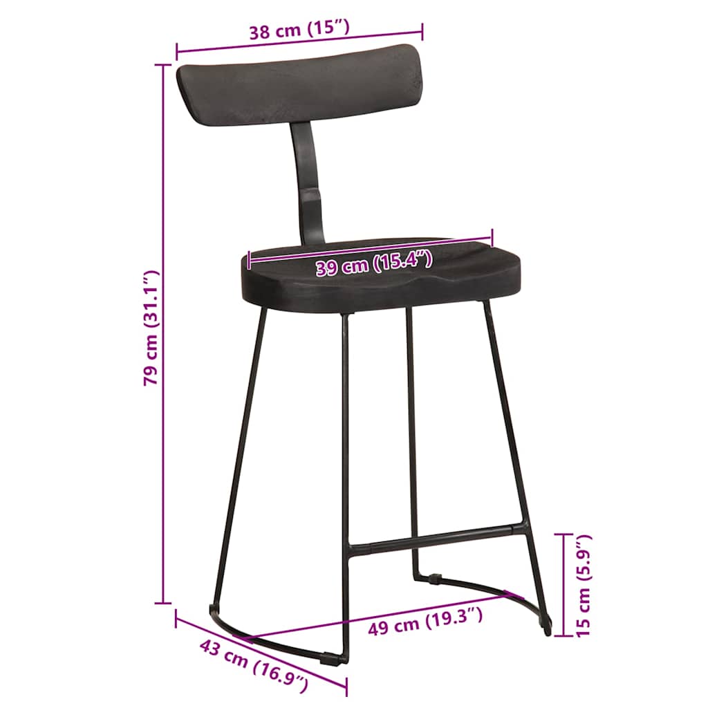 Bar stools, 2 pcs, black, 49x43x79 cm, solid mango wood