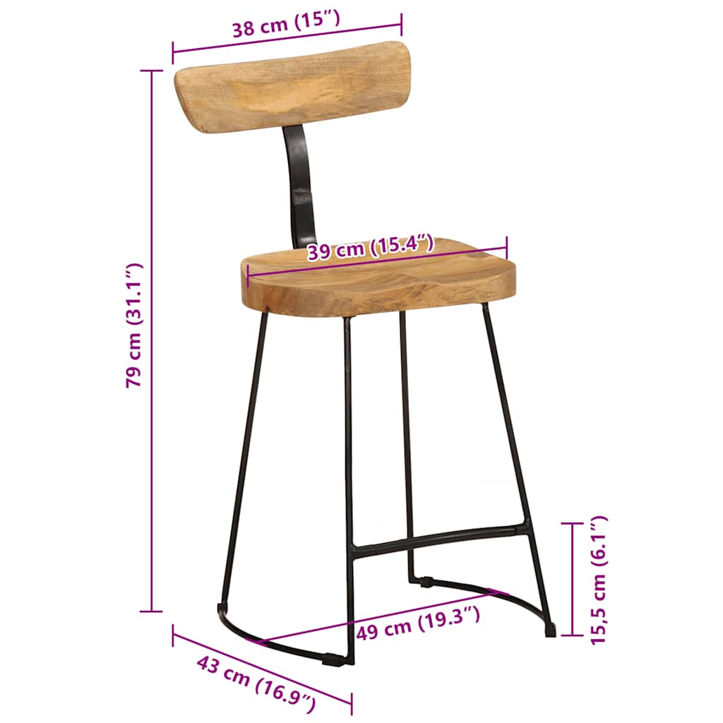 Bar stools, 2 pcs., 49x43x79 cm, solid mango wood