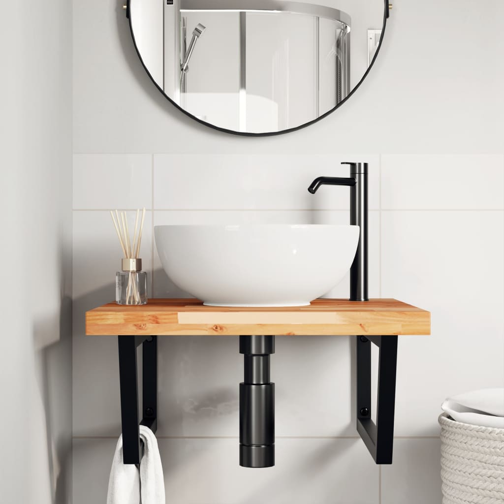 Shelf for washbasin, steel and solid acacia wood