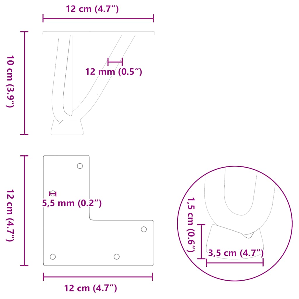 Coffee table legs, 4 pcs, black, 10 cm, steel, hairpin