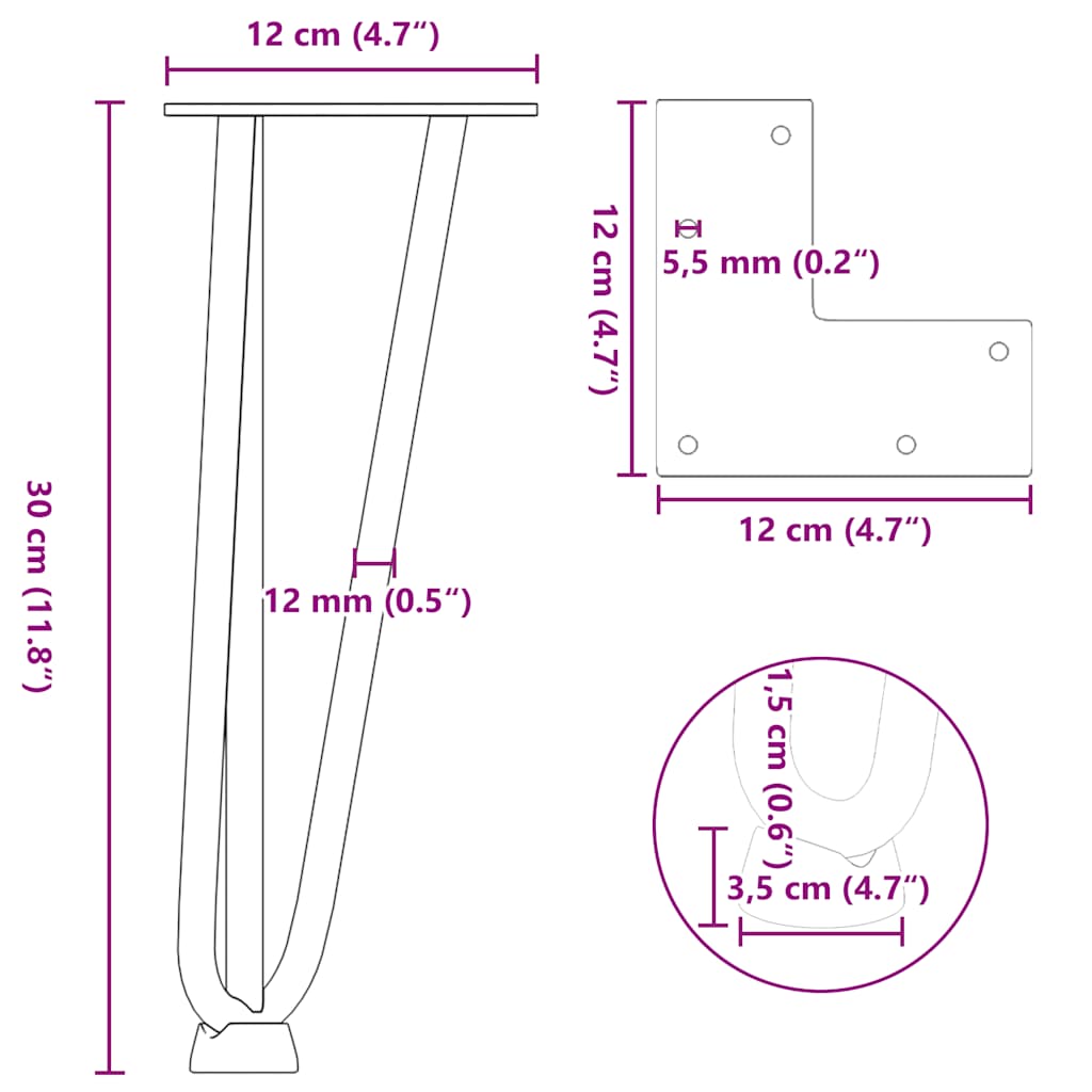 Kavos staliuko kojelės, 4 vnt., juodos, 30 cm, plienas, segtukai