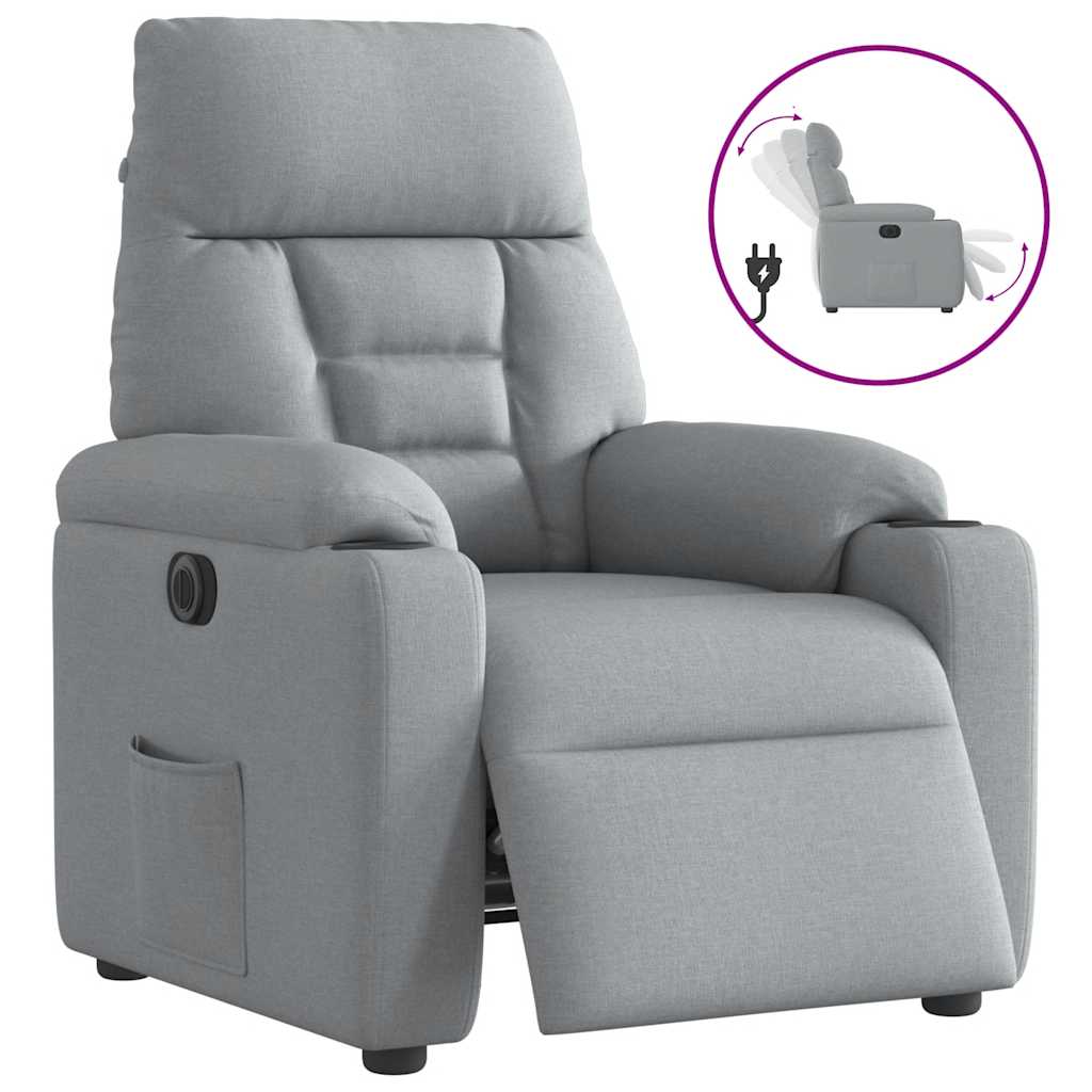 Electric reclining armchair, light grey, fabric