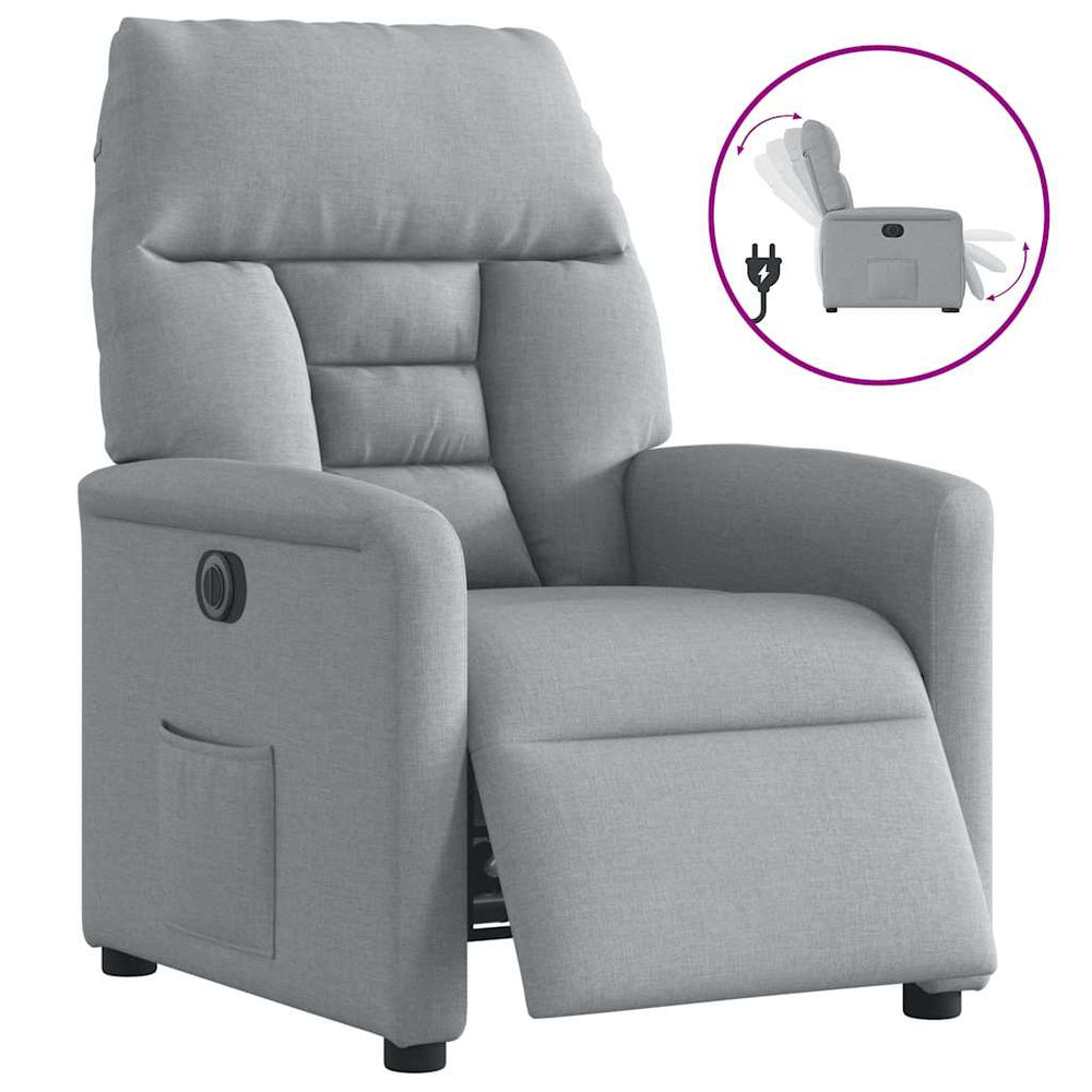 Electric reclining armchair, light grey, fabric
