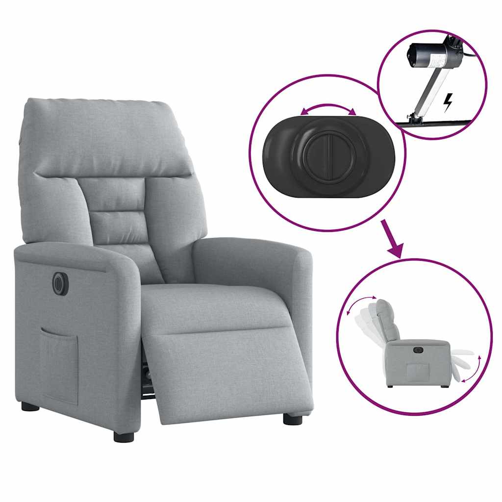 Electric reclining armchair, light grey, fabric