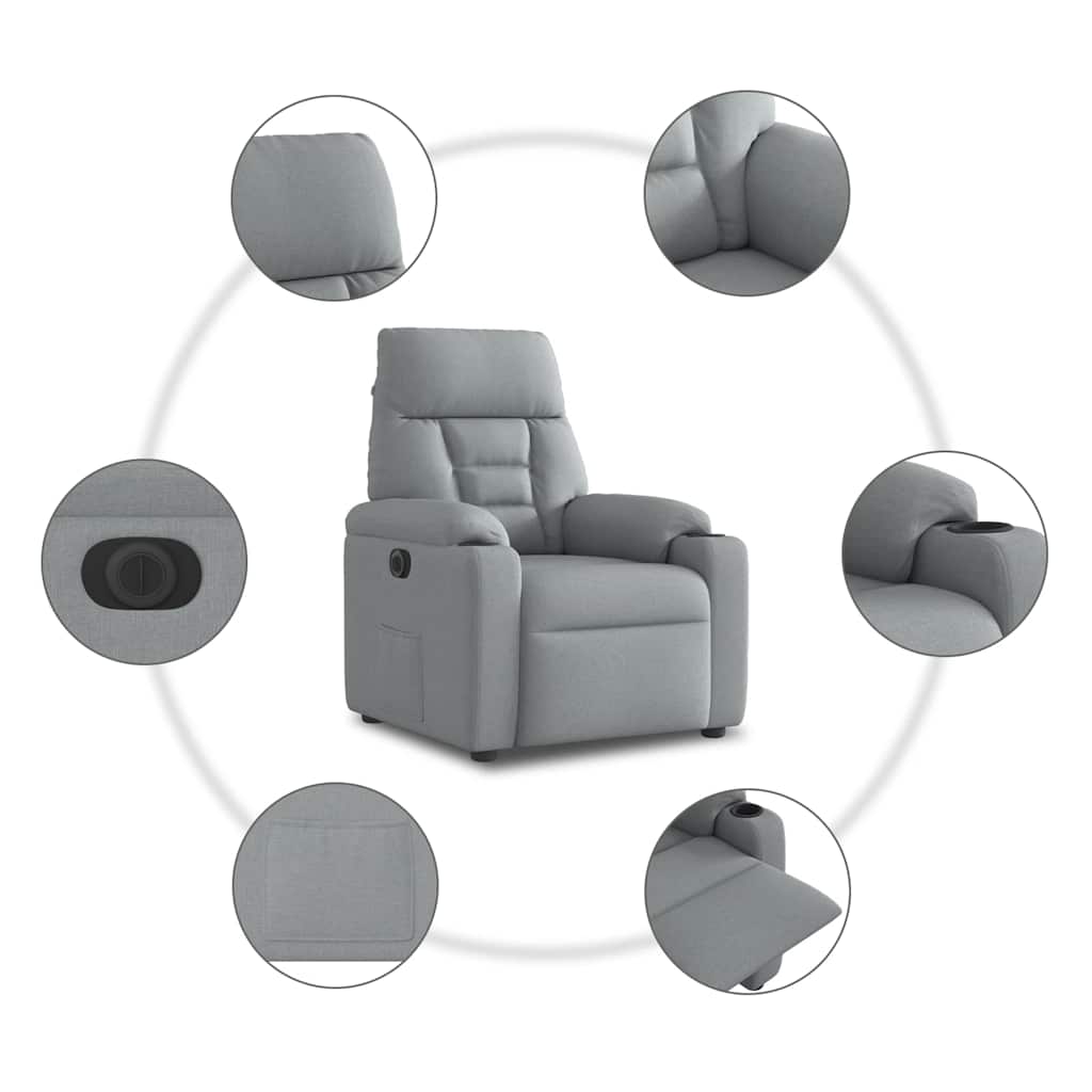 Electric reclining armchair, light grey, fabric