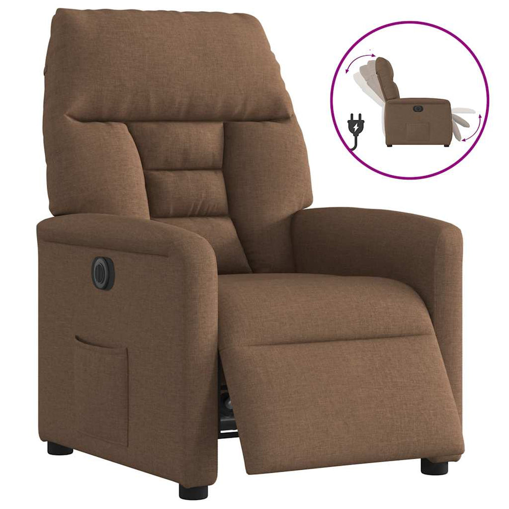Electric reclining armchair, brown, fabric