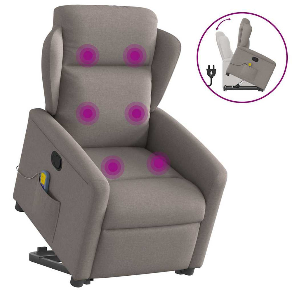 Standing recliner massage chair, taupe, fabric