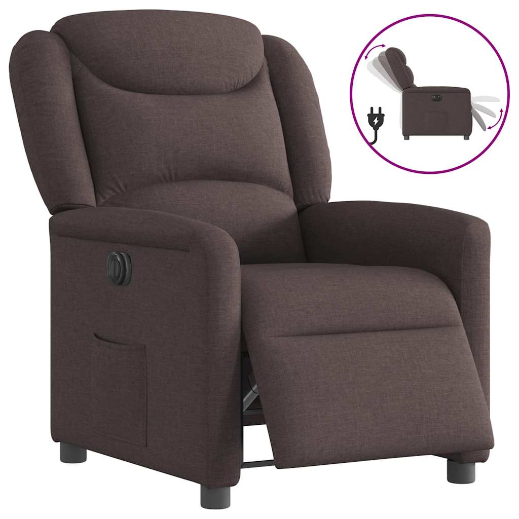 Electric reclining armchair, dark brown, fabric