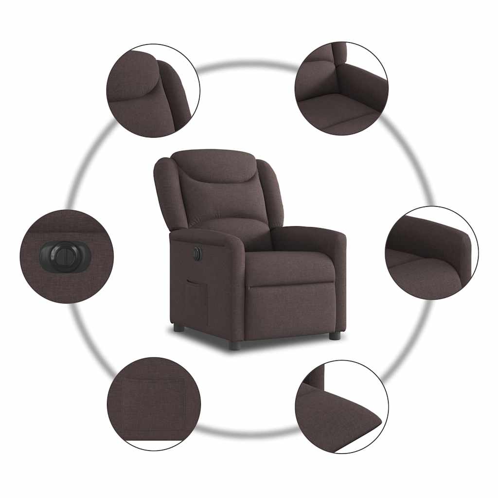 Electric reclining armchair, dark brown, fabric