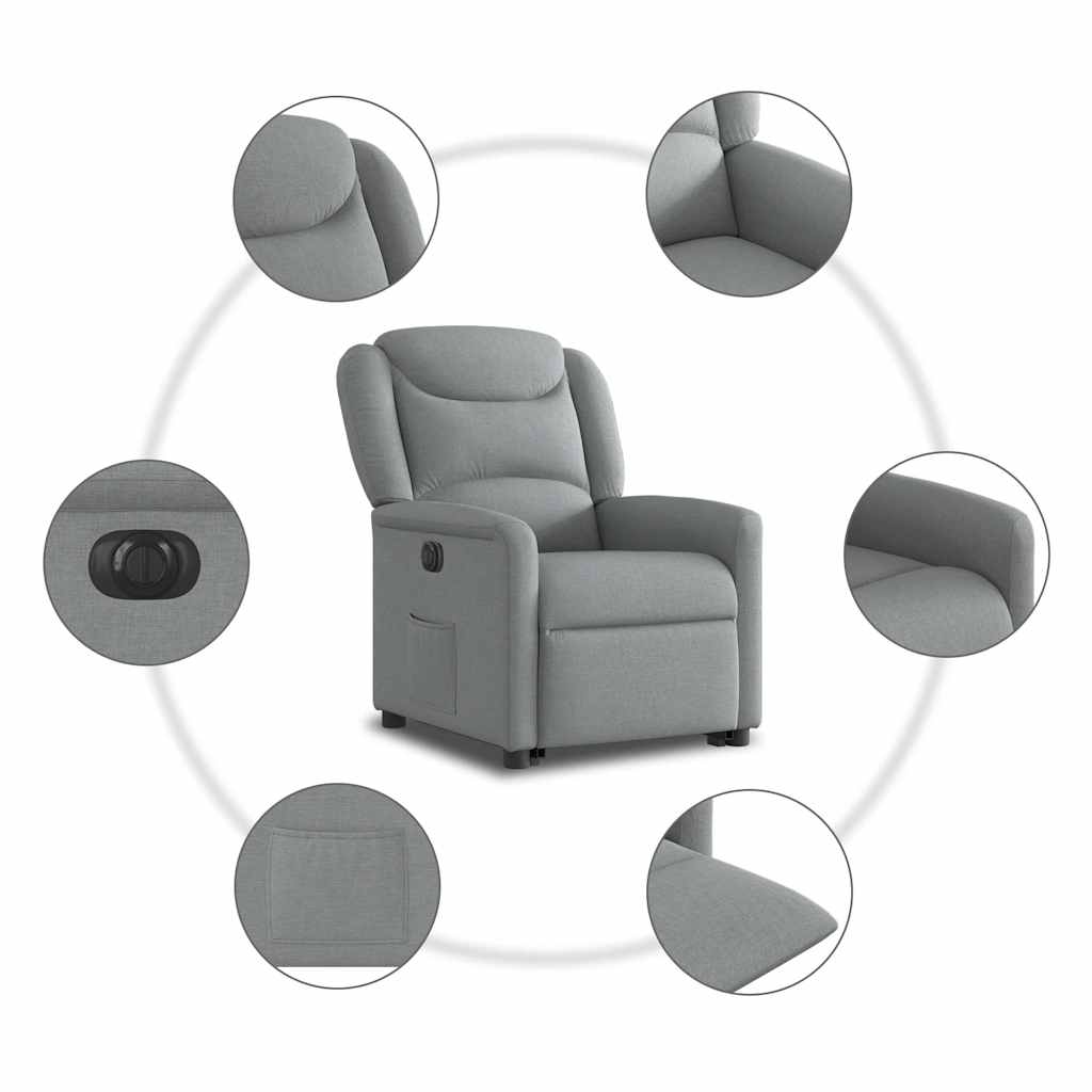 Rise and recline armchair, light grey, fabric