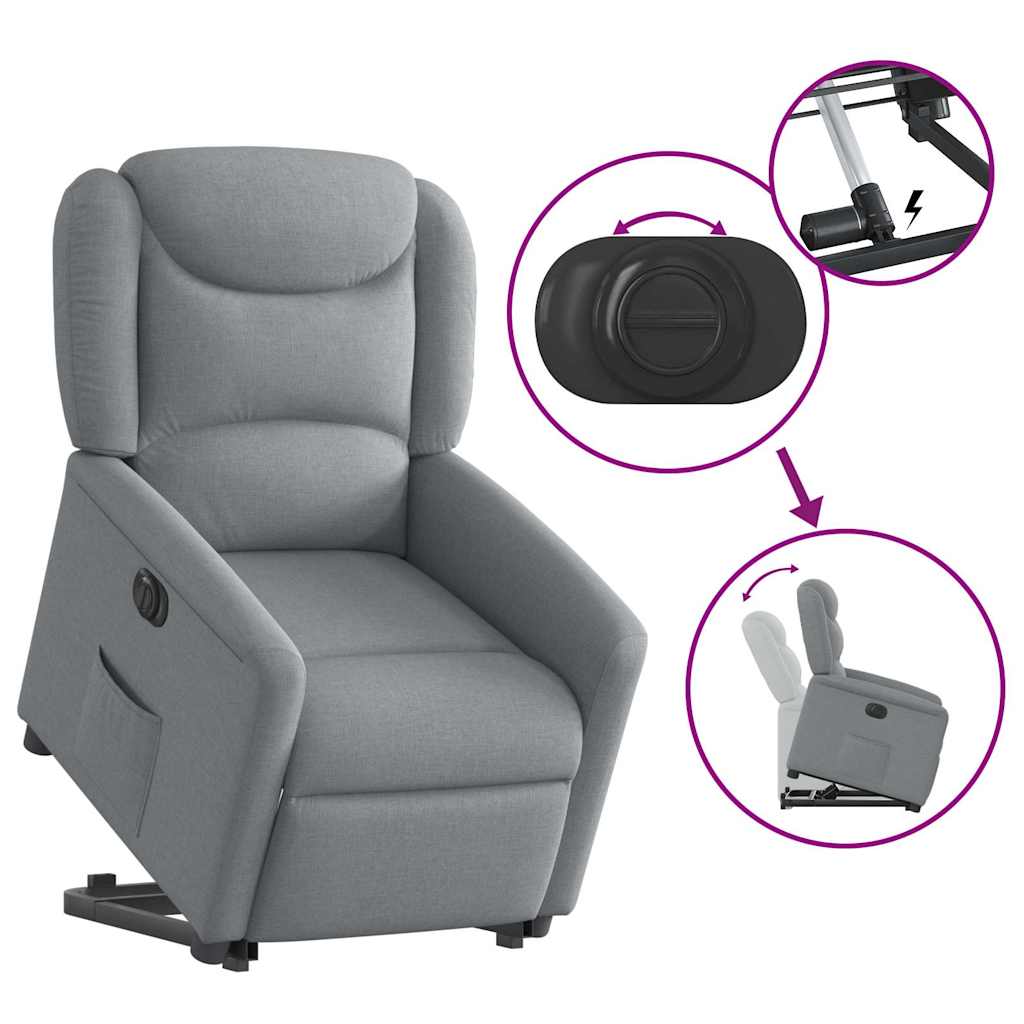 Rise and recline armchair, light grey, fabric