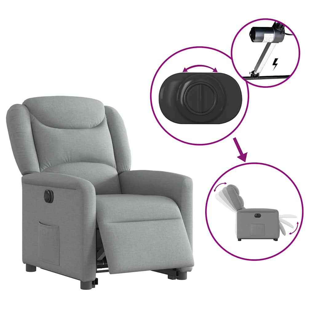 Rise and recline armchair, light grey, fabric
