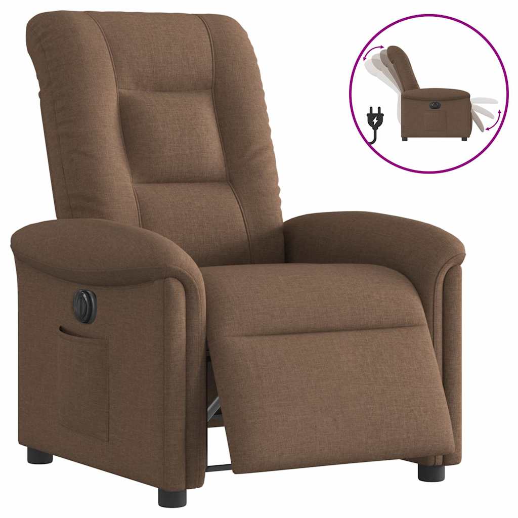 Electric reclining armchair, brown, fabric