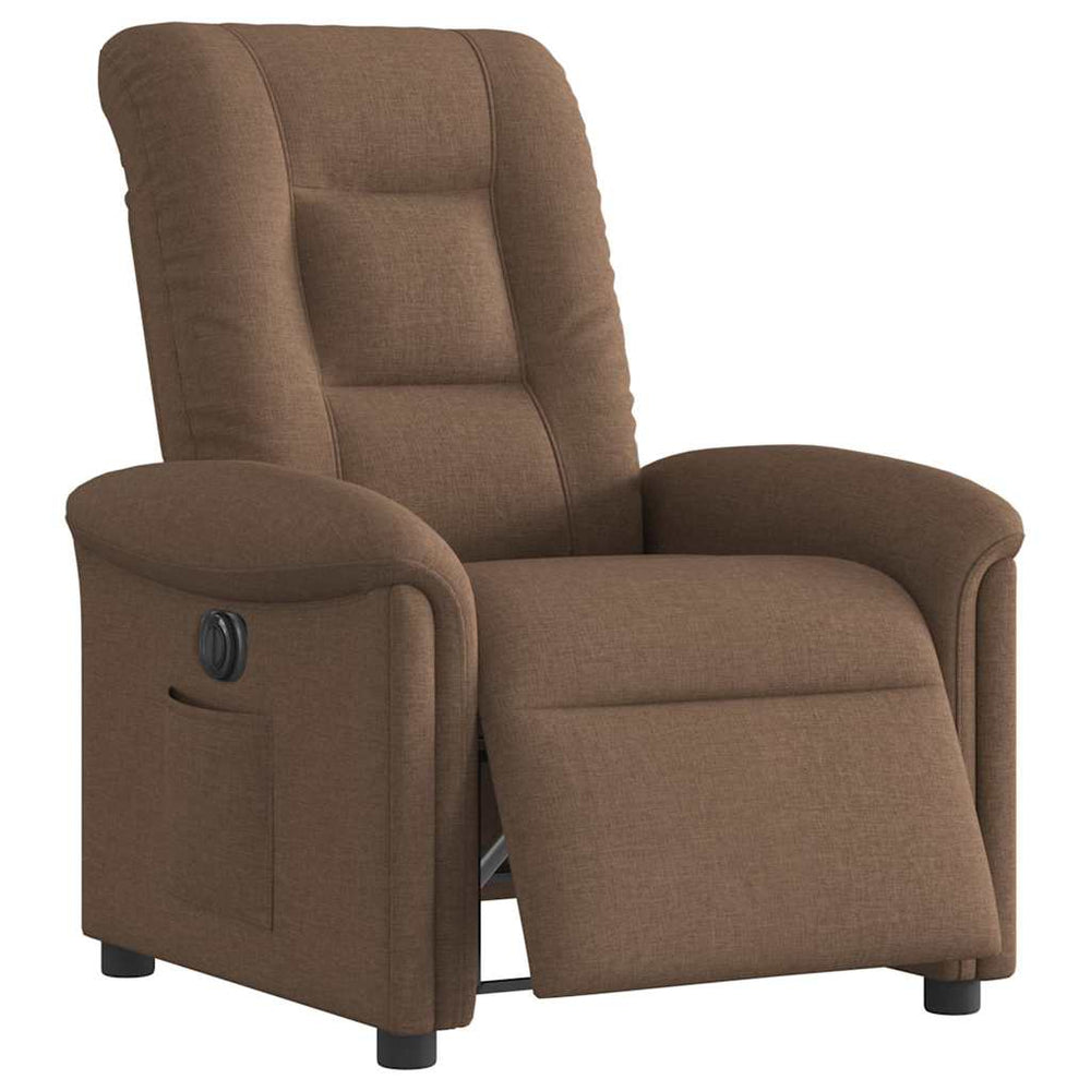 Electric reclining armchair, brown, fabric