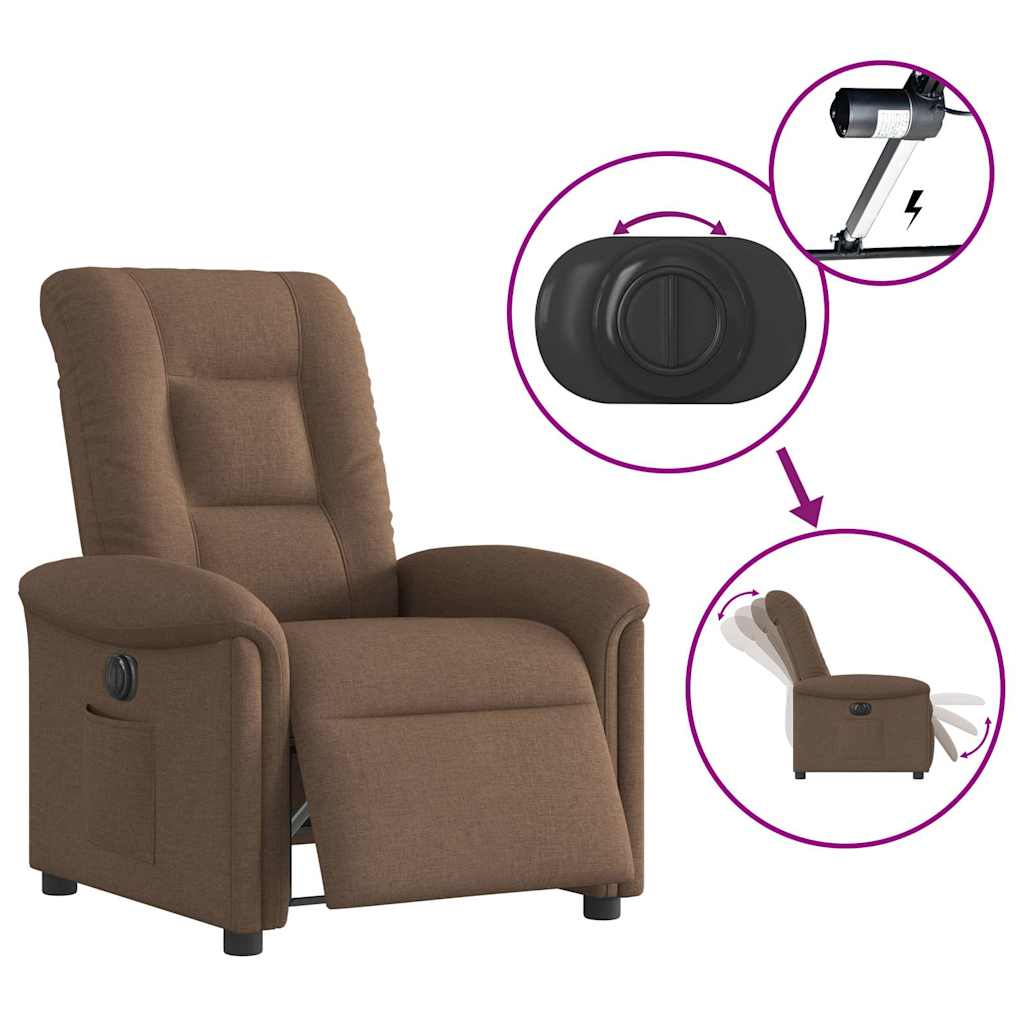 Electric reclining armchair, brown, fabric