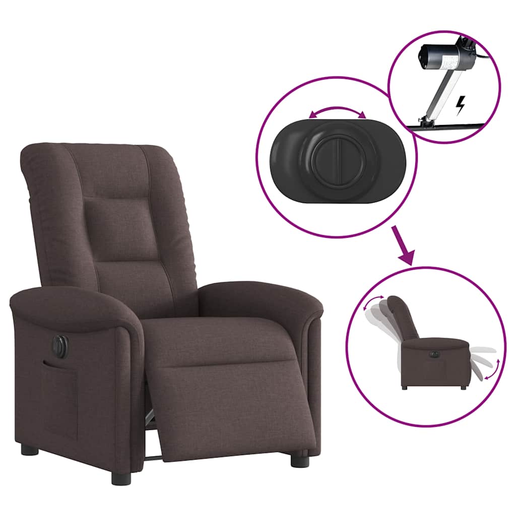 Electric reclining armchair, dark brown, fabric