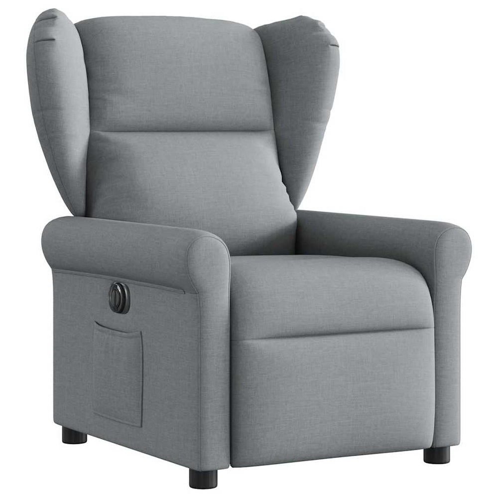Electric reclining armchair, light grey, fabric