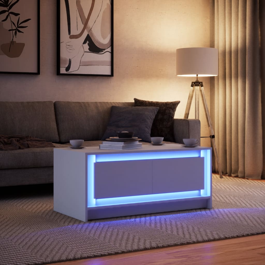 Coffee table with LED lights, white, engineered wood