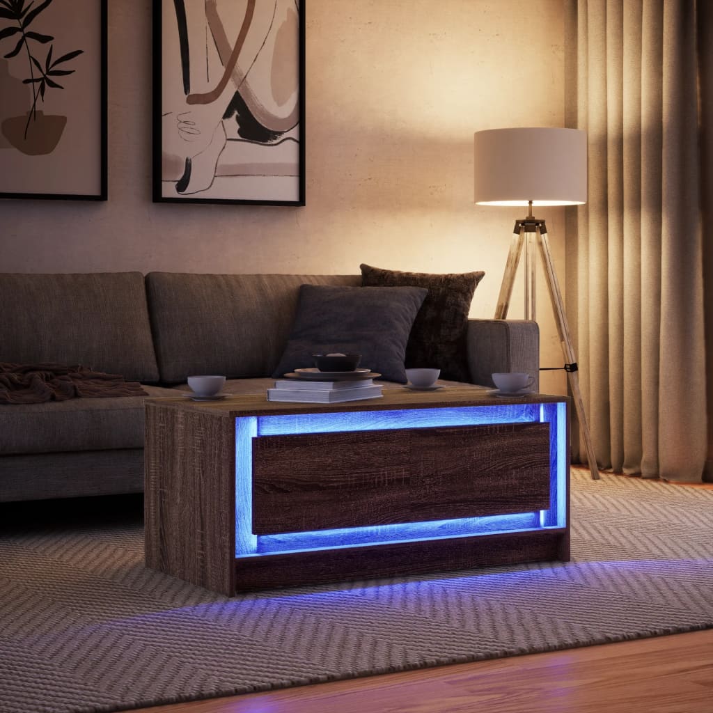 Coffee table with LED lights, brown oak, wood