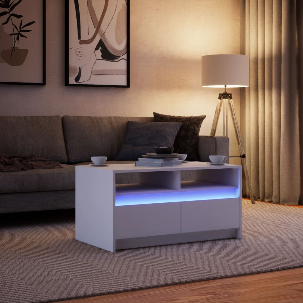 Coffee table with LED lights, white, engineered wood
