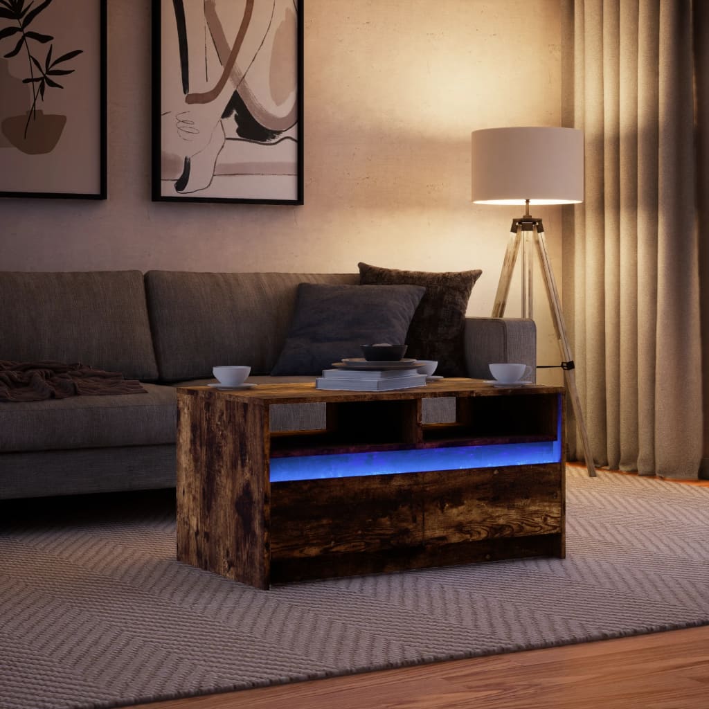 Coffee table with LED lights, smoked oak, wood