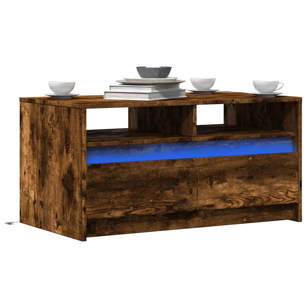 Coffee table with LED lights, smoked oak, wood