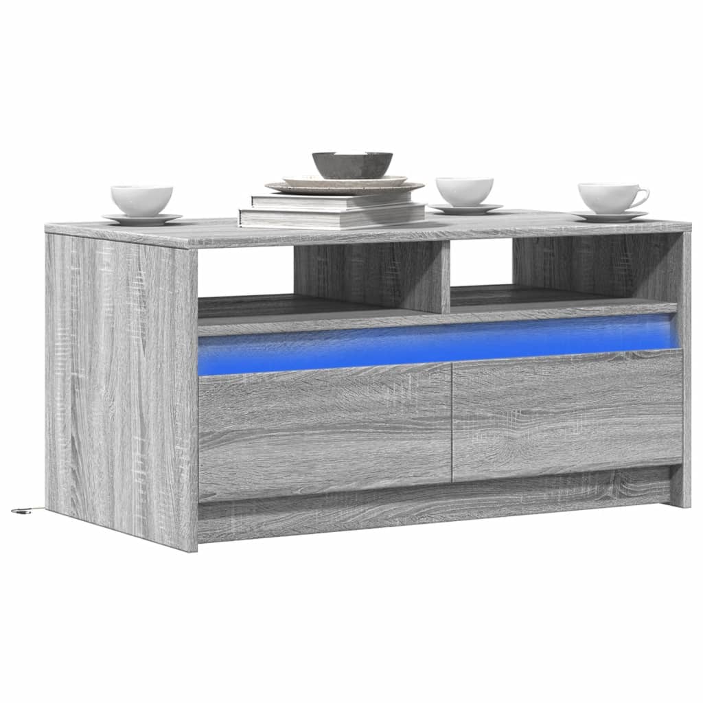 Coffee table with LED lights, gray oak, wood