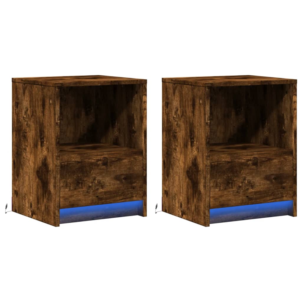 Bedside tables with LED lights, 2 pcs., smoky, wood