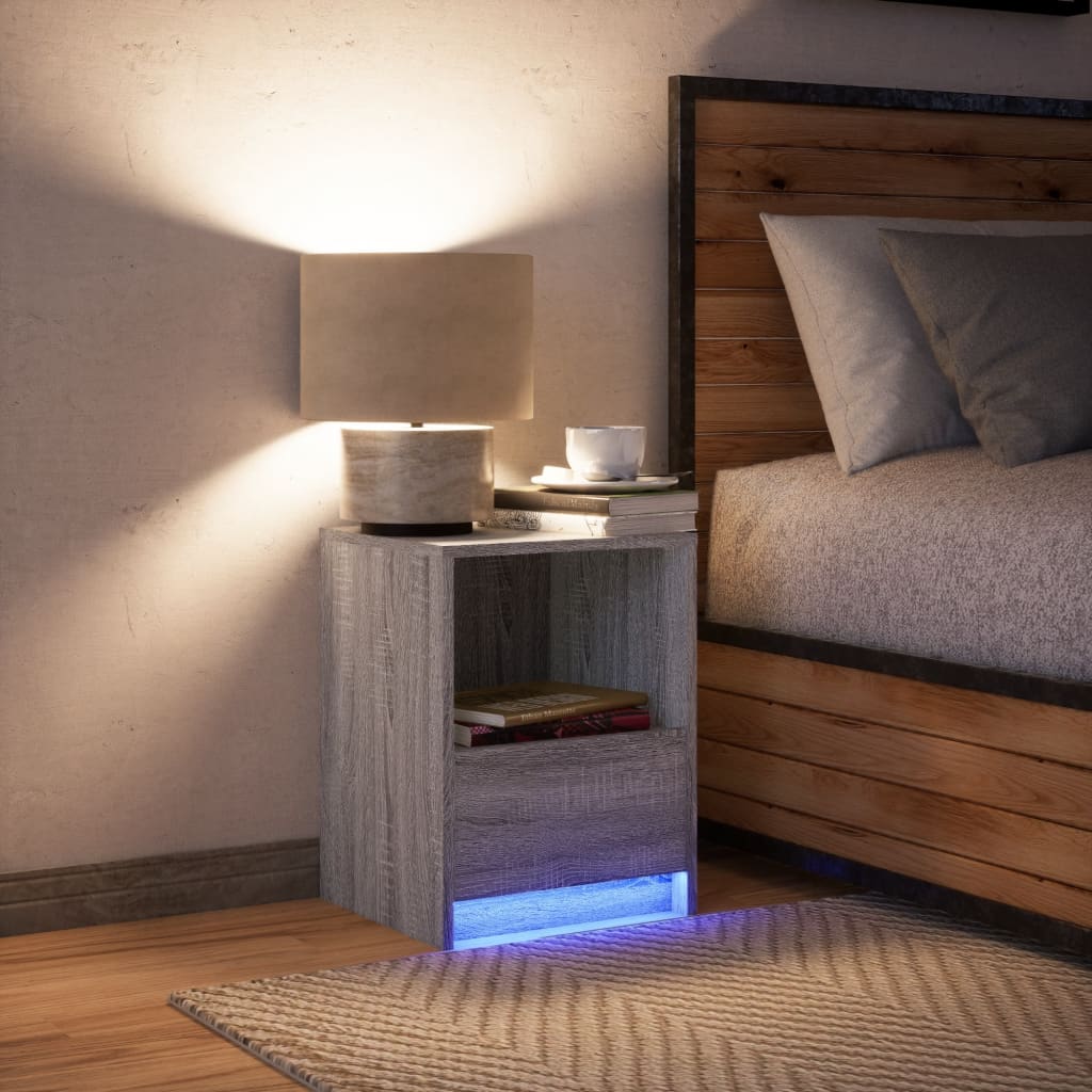 Bedside tables with LED lights, 2 pcs., smoky, wood
