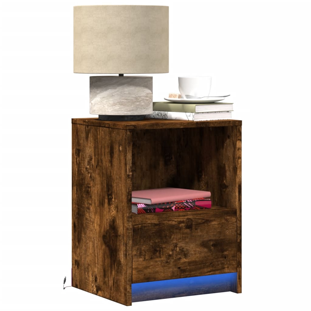 Bedside tables with LED lights, 2 pcs., smoky, wood