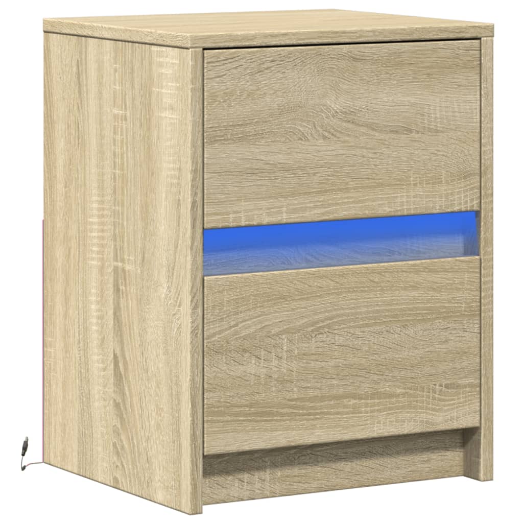 Nightstand with LED lights, oak, engineered wood
