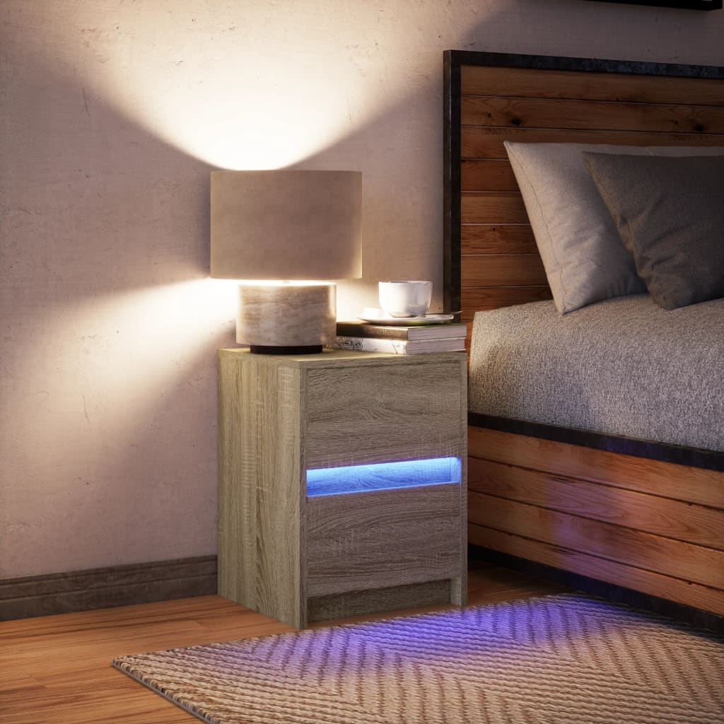 Nightstand with LED lights, oak, engineered wood