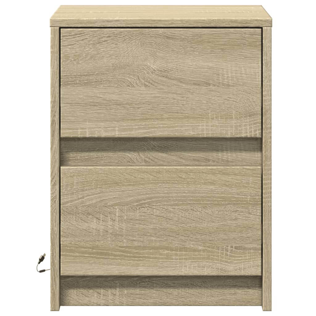 Nightstand with LED lights, oak, engineered wood