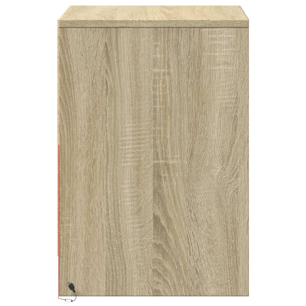 Nightstand with LED lights, oak, engineered wood