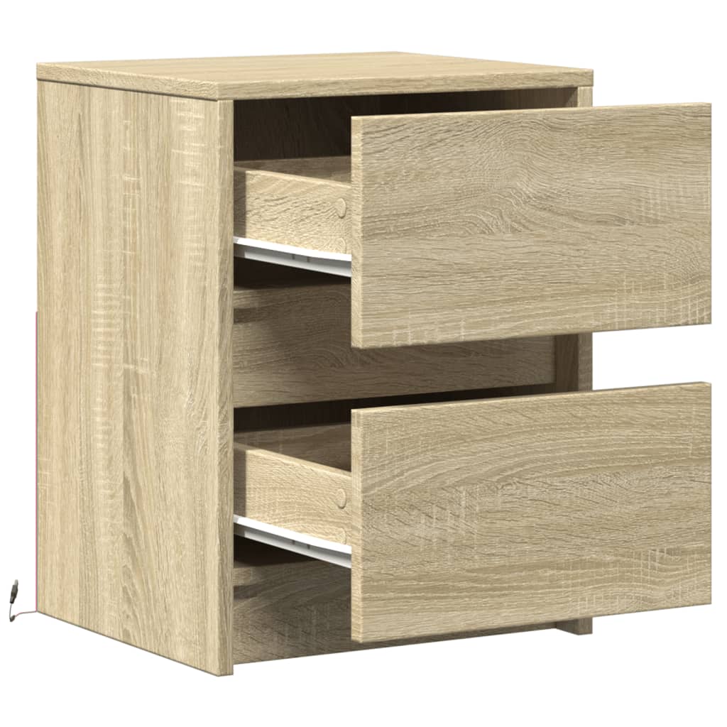 Nightstand with LED lights, oak, engineered wood