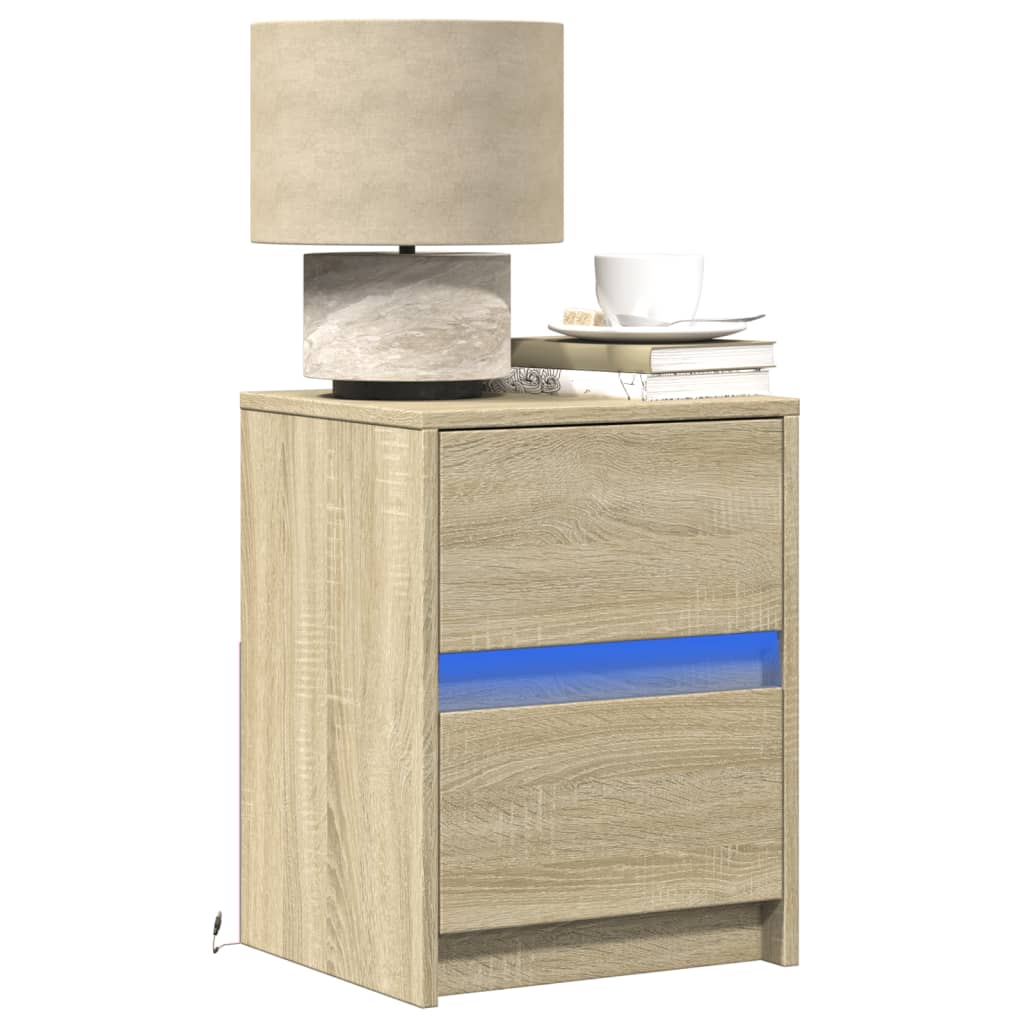 Nightstand with LED lights, oak, engineered wood