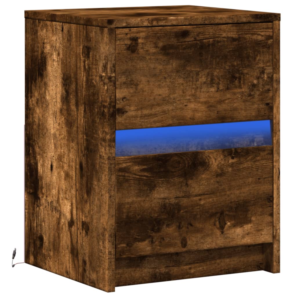 Nightstand with LED lights, smoky oak, wood