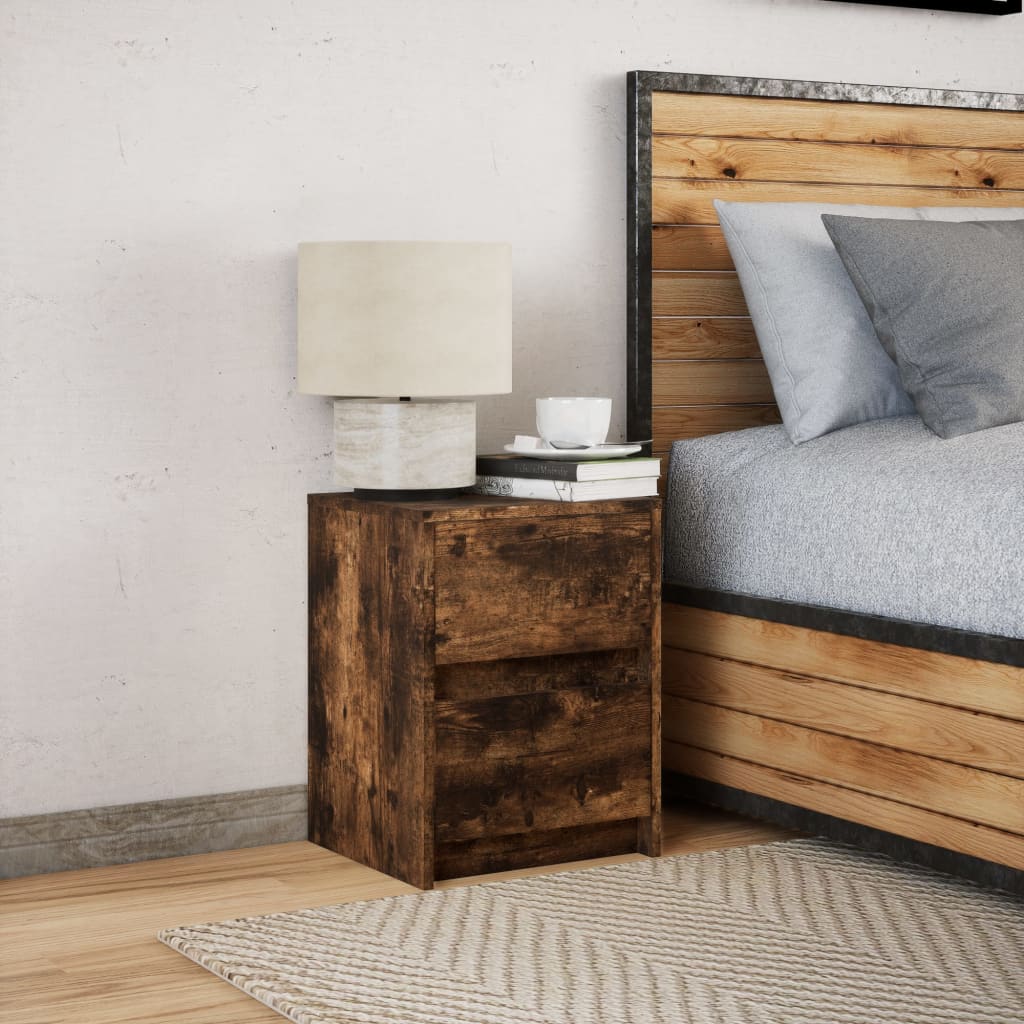 Nightstand with LED lights, smoky oak, wood