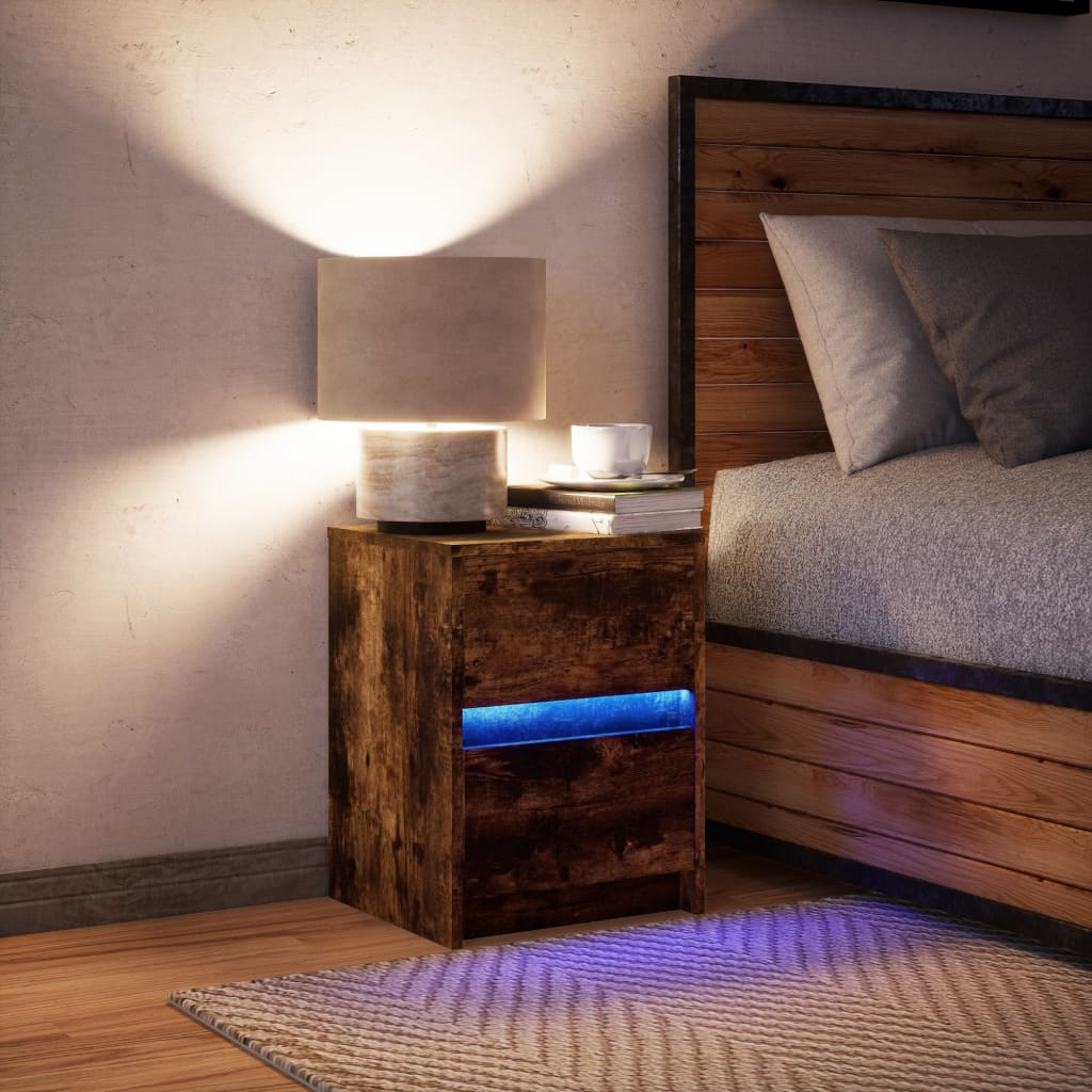Nightstand with LED lights, smoky oak, wood