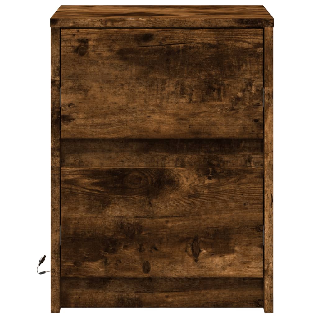 Nightstand with LED lights, smoky oak, wood