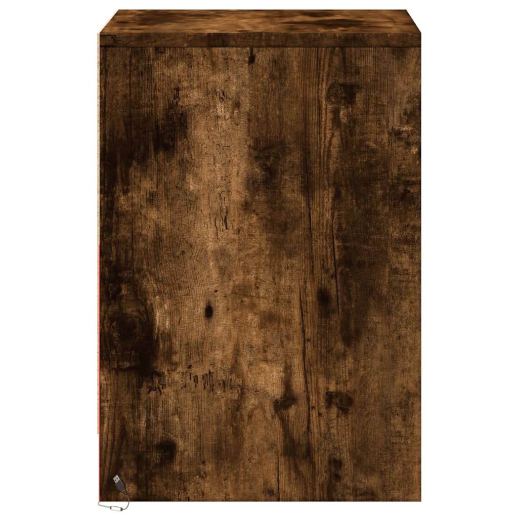 Nightstand with LED lights, smoky oak, wood