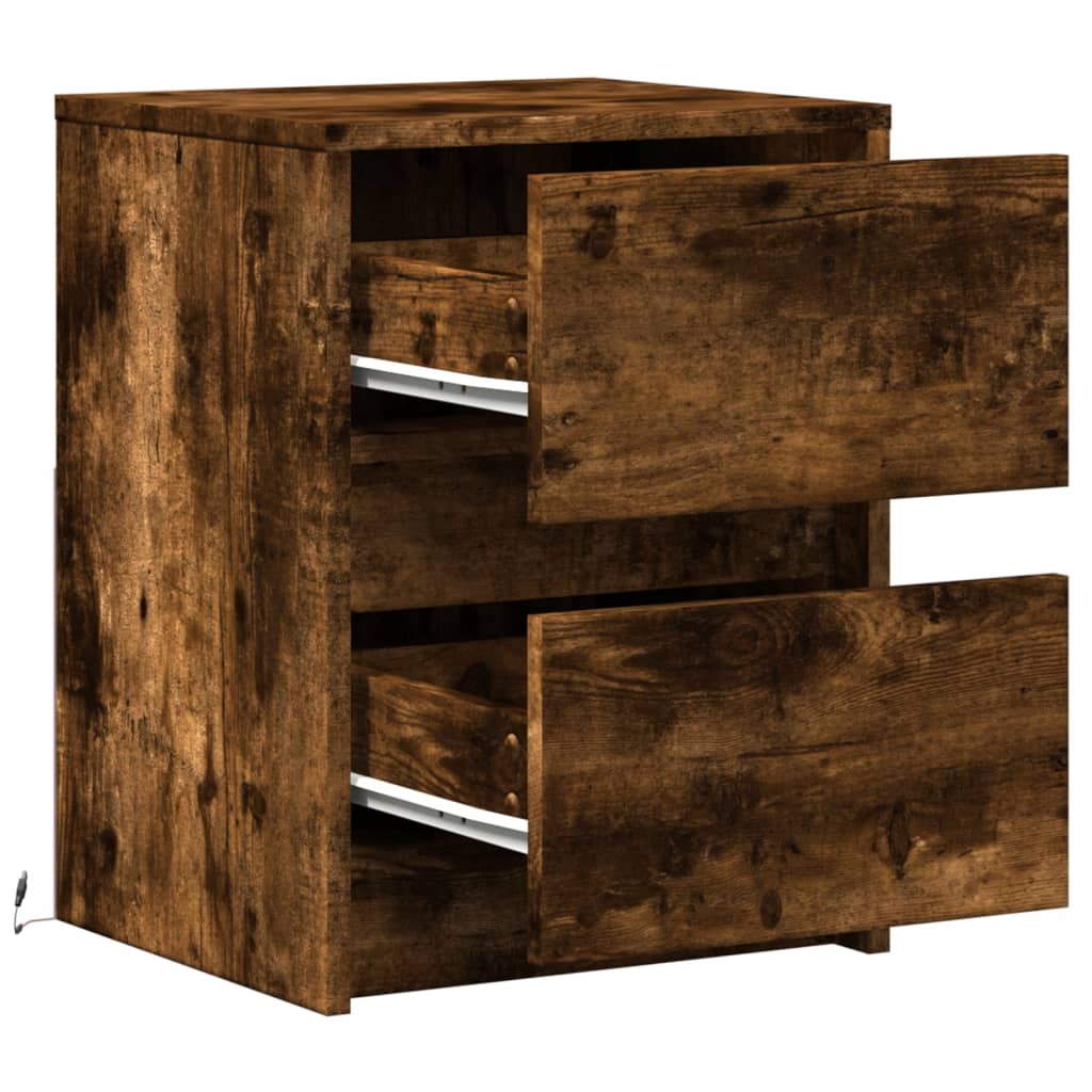 Nightstand with LED lights, smoky oak, wood