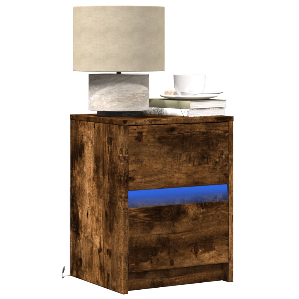 Nightstand with LED lights, smoky oak, wood